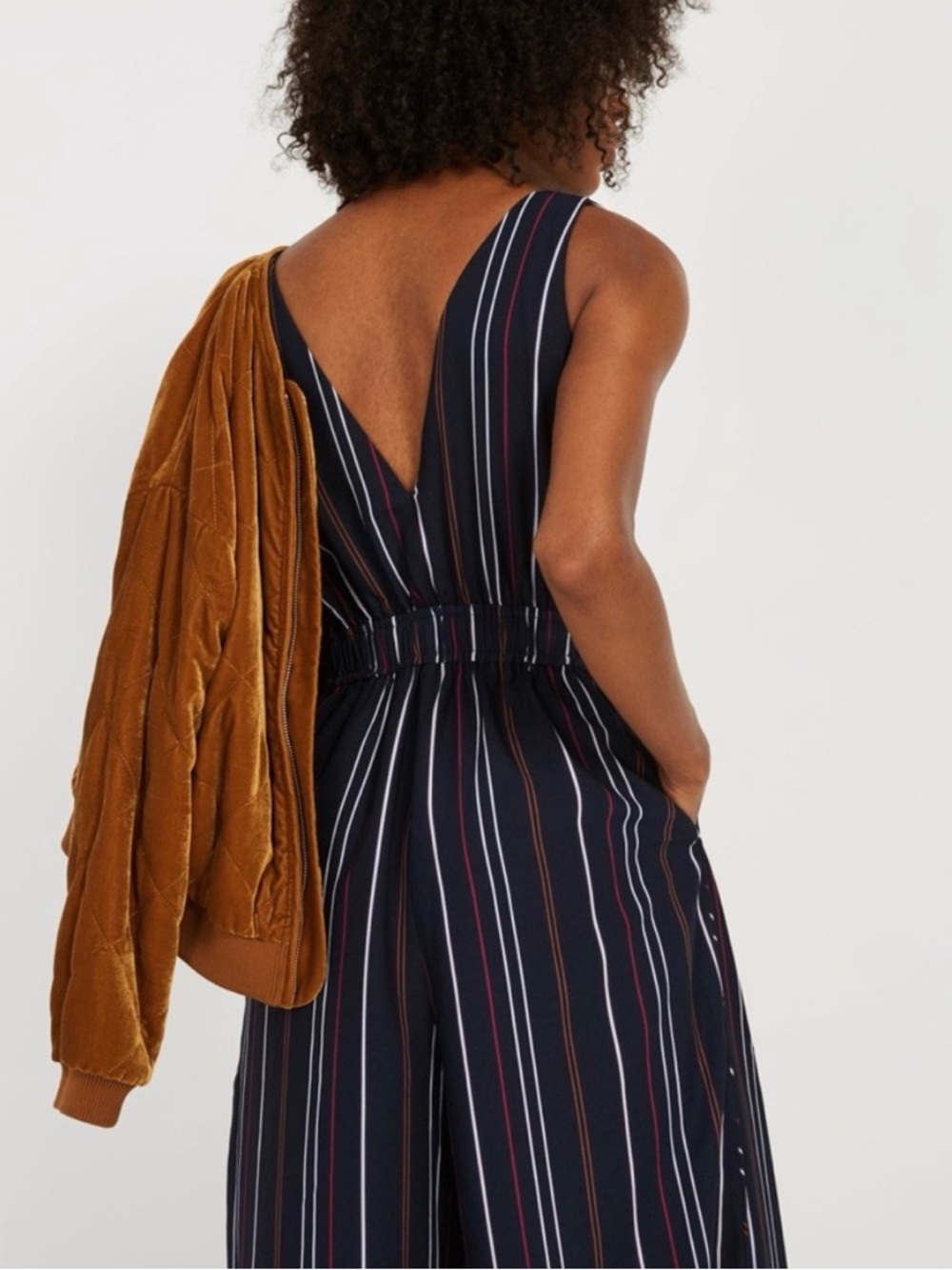 Striped V-Neck Wide-Leg Jumpsuit in Navy